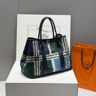 Hermes Plaid Canvas and Leather Tote Bag