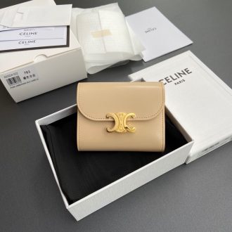 Celine Triomphe Small Beige Leather Wallet