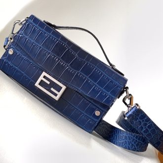 Fendi Baguette Blue Croc-Embossed Leather Bag