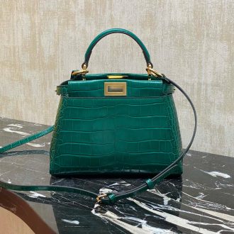 Fendi Green Croc-Embossed Leather Handbag