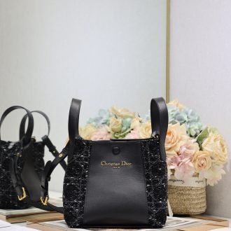 Dior Black Leather and Tweed Tote Bag