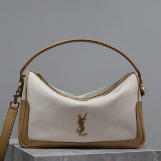 YSL Beige and Camel Leather Canvas Tote Bag