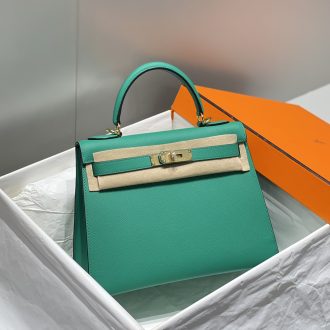 Hermes Kelly Green Leather Handbag