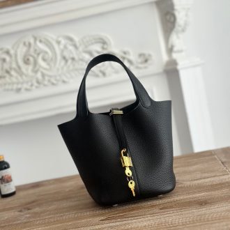 Hermes Black Leather Tote with Gold Lock