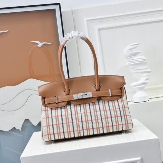 Hermes Plaid Canvas and Leather Tote Bag