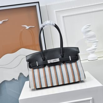 Hermes Striped Canvas and Leather Handbag