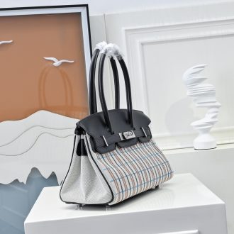 Hermes Plaid Canvas and Leather Tote Bag