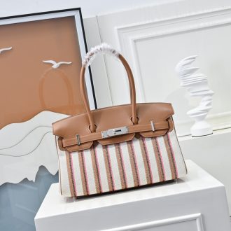 Hermes Striped Canvas and Leather Handbag