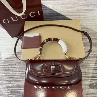 Gucci Wine Red Leather Bamboo Handle Shoulder Bag