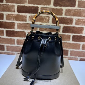 Gucci Bamboo Handle Black Leather Bucket Bag