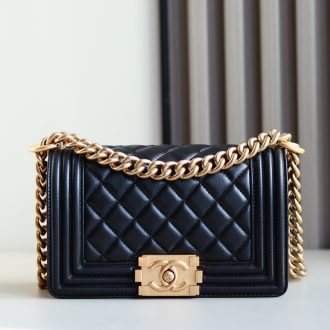 Chanel Boy Bag with Quilted Leather and Gold Chain